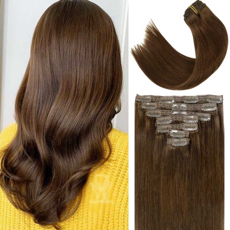 Lacer Hair Extensions Clip in Human Hair 22 Inch Chocolate Brown 4 Double Weft 7Pieces 140g Silky Straight Natural Hair Lace Clip in Hair Extensions
